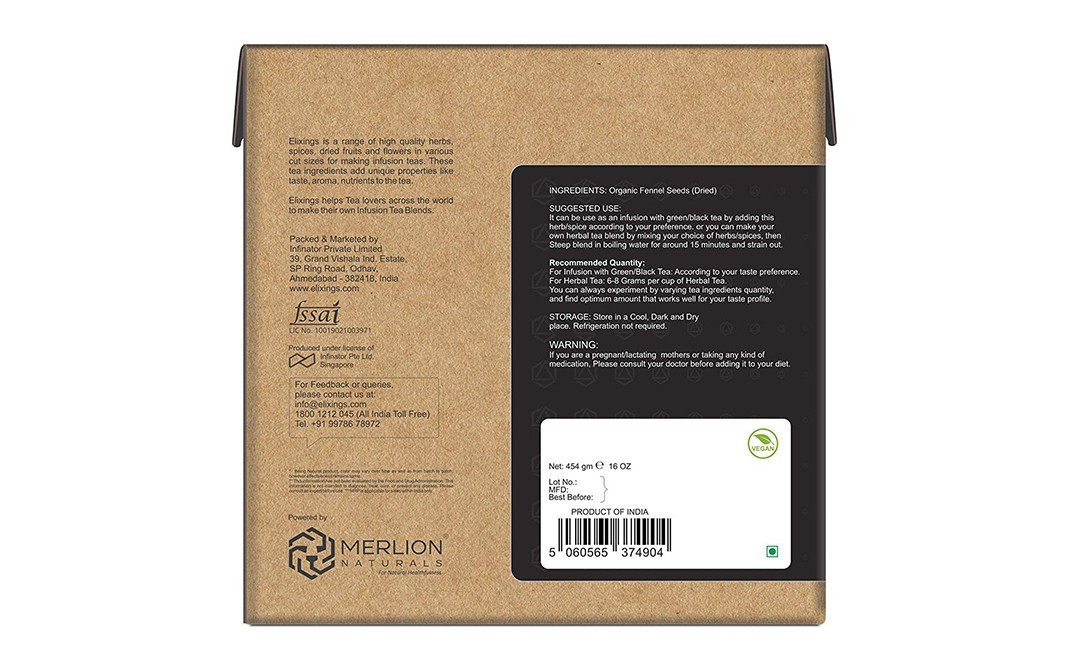 Elixings Organic Fennel Seeds Foeniculum Vulgare Tea Bag Cut (TBC)   Box  454 grams